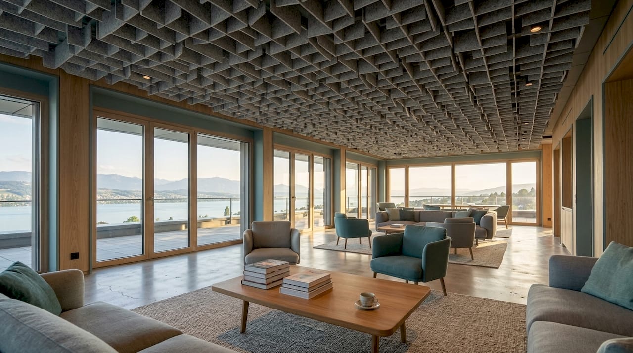 Executive lounge acoustic ceiling panels and furniture layout