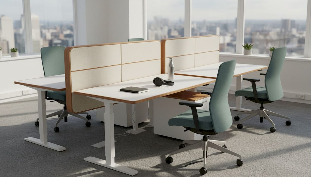 Modular office workspace with ergonomic desks and partitions