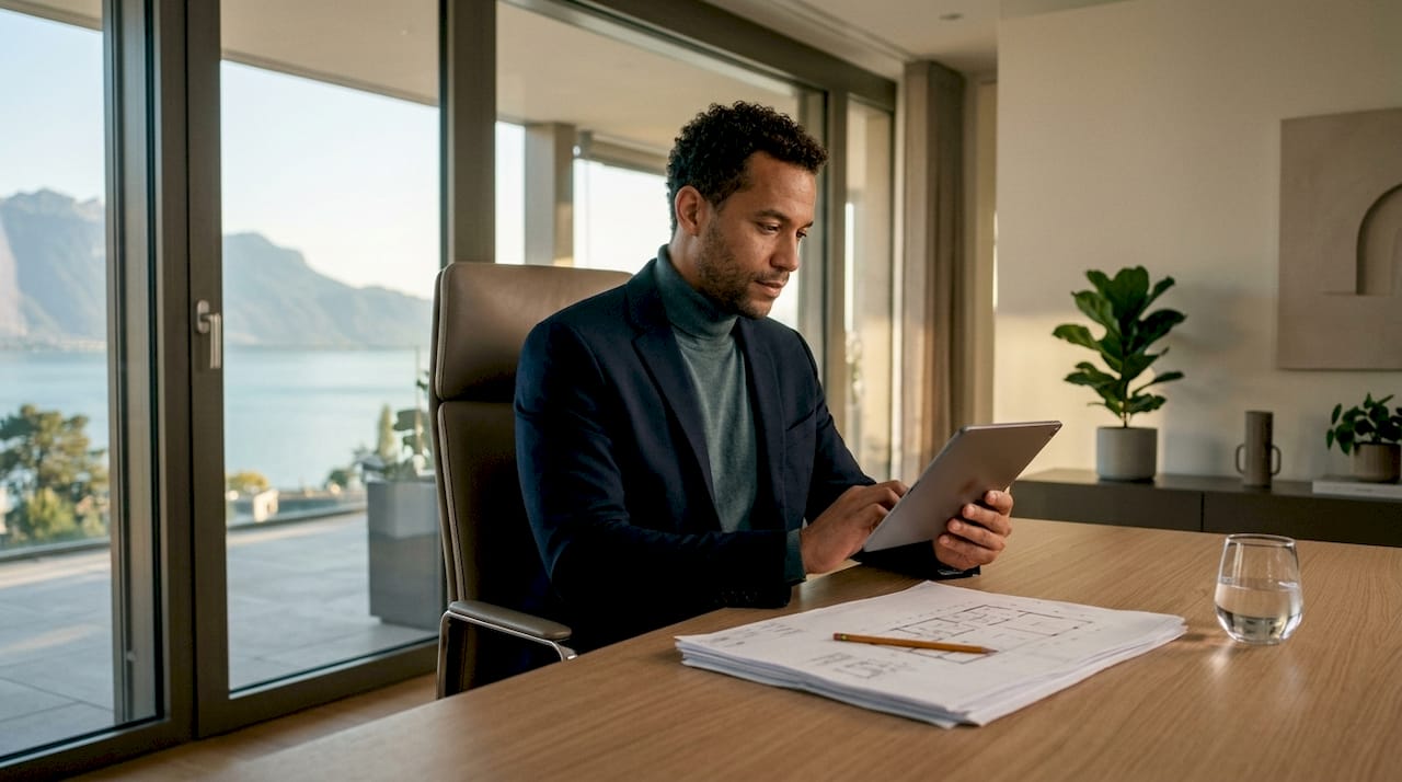 Professional using smart office technology in executive office
