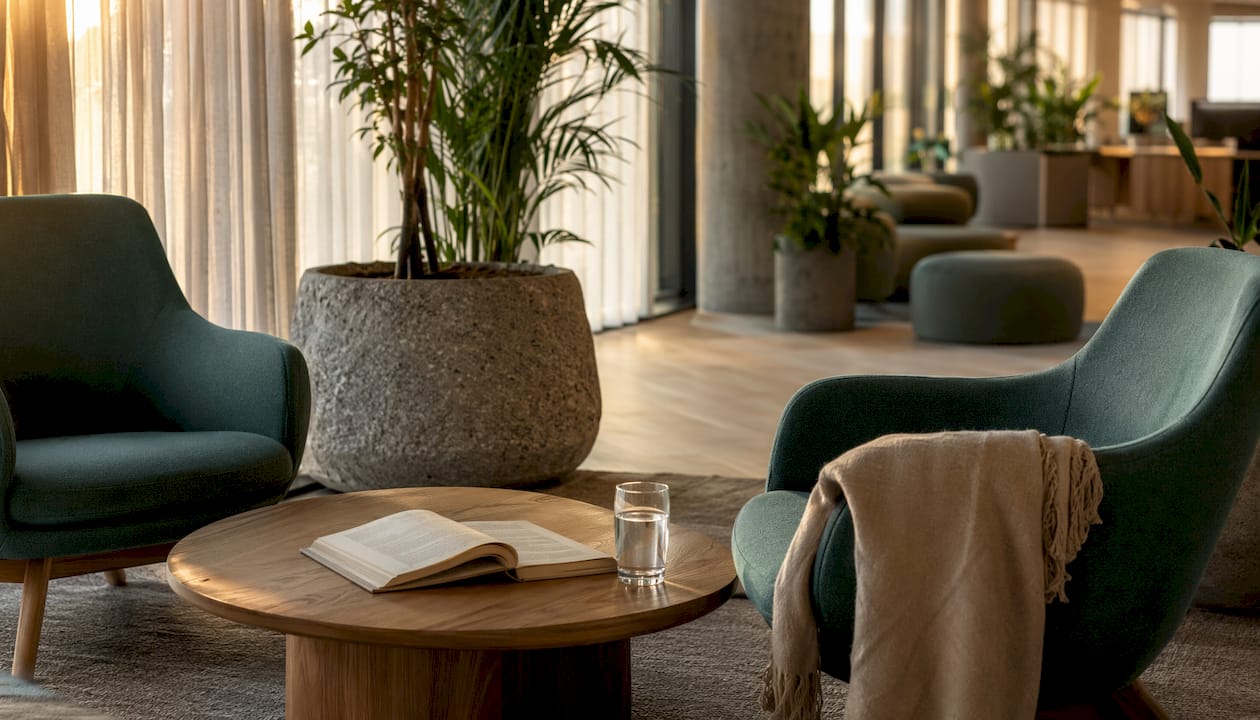 Quiet biophilic office retreat lounge