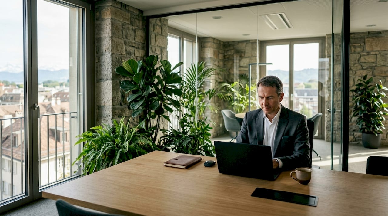 Swiss executive office with biophilic elements and male executive