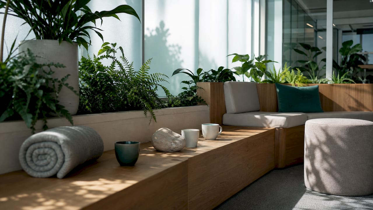 Biophilic breakout space with natural materials in office