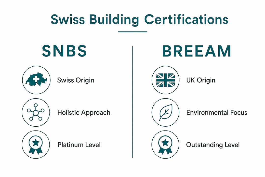 Infographic comparing SNBS and BREEAM certifications for Swiss offices