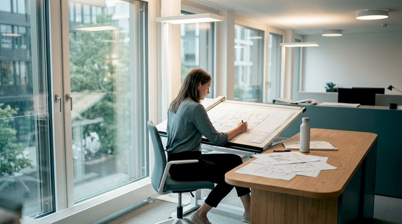 Architect reviewing sustainable office plans in Zürich