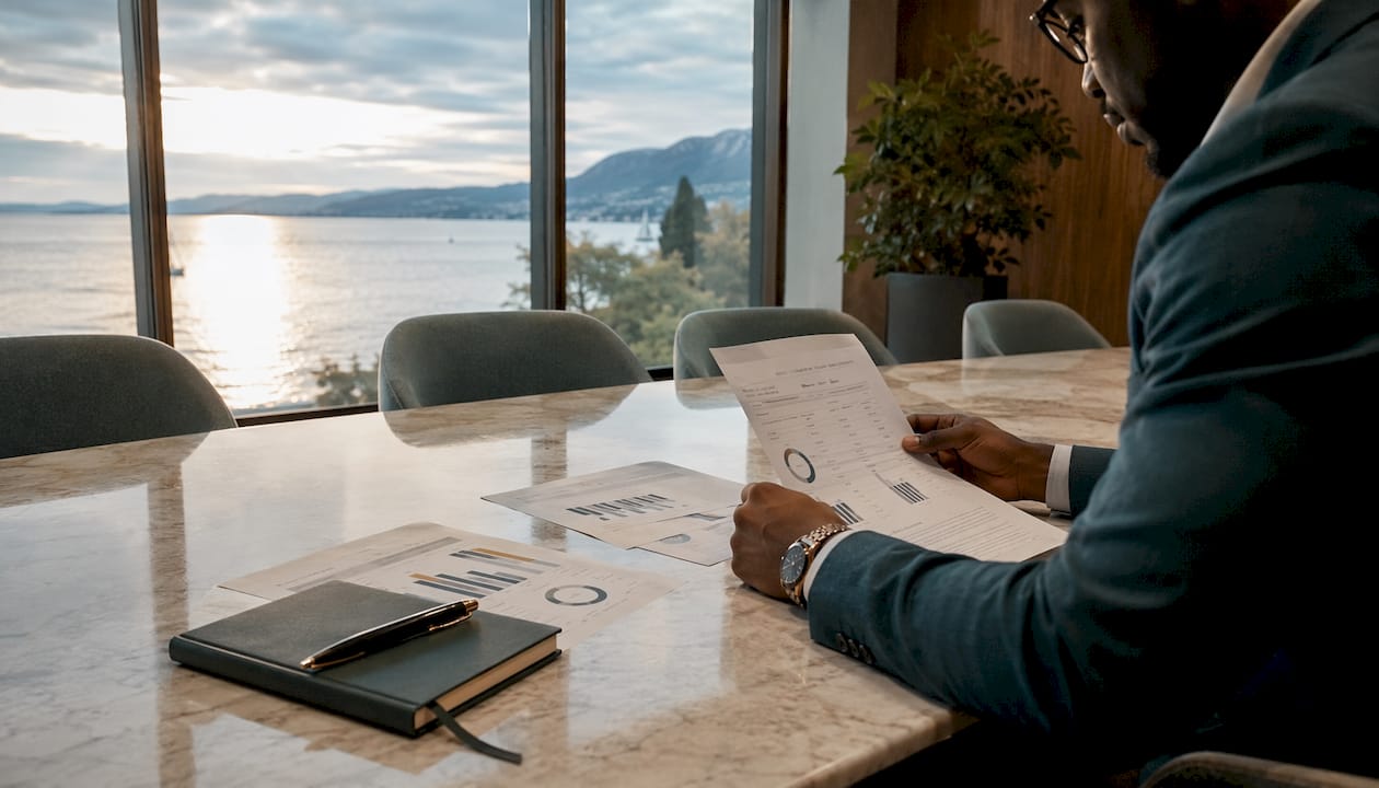 Hands reviewing office audit documents close-up