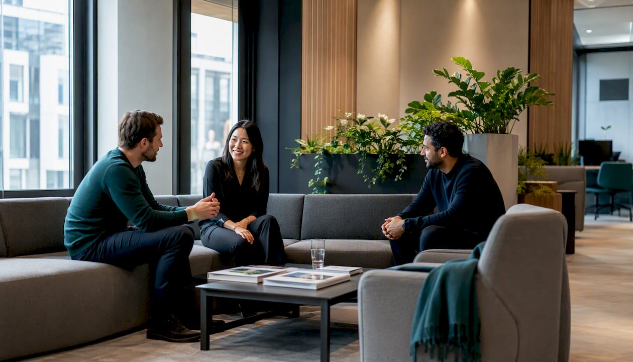 Modern office breakout area with professionals