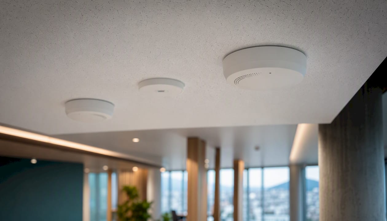 Office ceiling occupancy and CO₂ sensors close-up