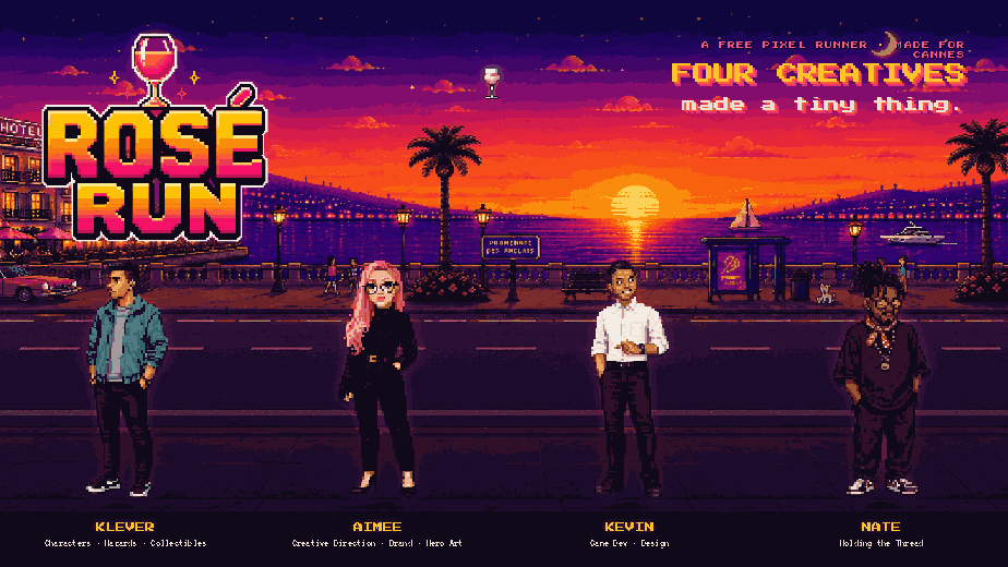 Rosé Run pixel-art banner — Klever, Aimee, Kevin and Nate on the Cannes promenade at sunset beneath the Rosé Run logo.