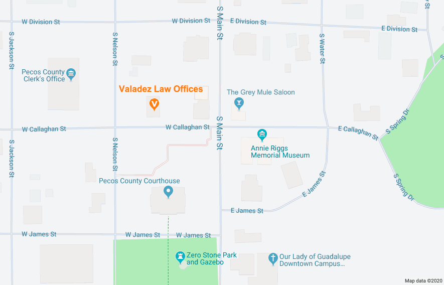Map of downtown Fort Stockton with Valadez Law Offices pinned
