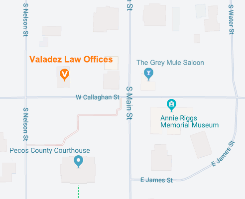 Map of downtown Fort Stockton with Valadez Law Offices pinned