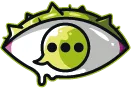 An icon of a single eye open with a speech bubble and three black dots inside stylised like a cactus in Disobey's typical green colour
