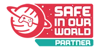 Safe in our world partner logo. A controller sits in the middle of a red planet looking shape that has a ring going around it like saturn. 