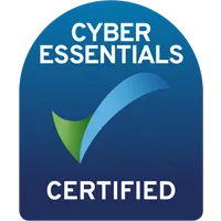 Cyber Essentials Certified logo badge. A blue background with the wording "Cyber Essentials" at the top in white with a tick shaped logo centrally, and the wording certified at the bottom in white text.