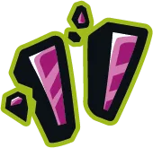 Three stylized purple and pink crystals to look like a quote mark with black outlines and green shadows.