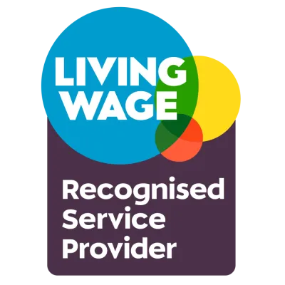Living Wage Recognised Service Provider badge with colored overlapping circles in blue, green, yellow, and orange.