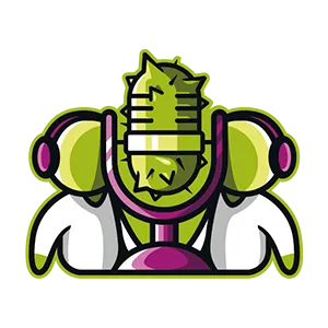 Cartoon microphone that is spikey like a catcus with two smaller stylised content creators each side.