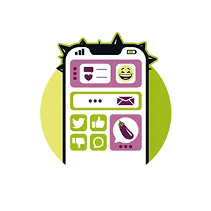 Illustration of a smartphone screen displaying social media icons, chat bubbles, and reaction emojis in green and purple colors.