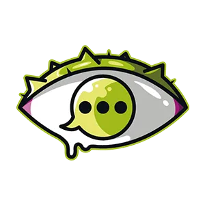 Illustration of a stylized eye with green eyelid and a green speech bubble with three dots inside as the iris.