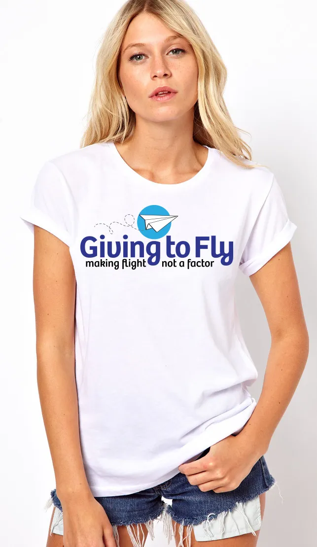 Model wearing a Giving to Fly t-shirt