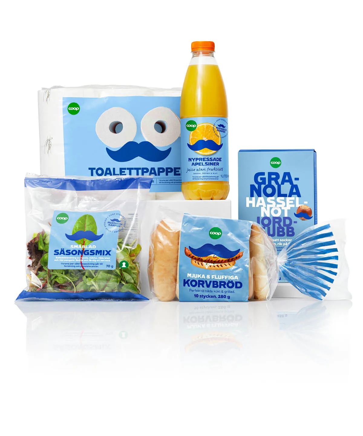 Coops blåa mustaschprodukter