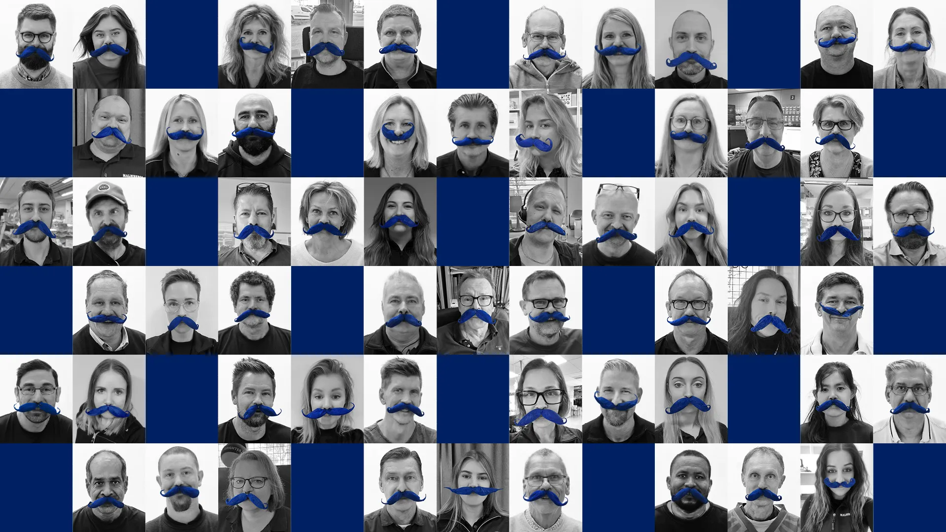 Små porträttbilder på män och kvinnor i blåa lösmustascher.