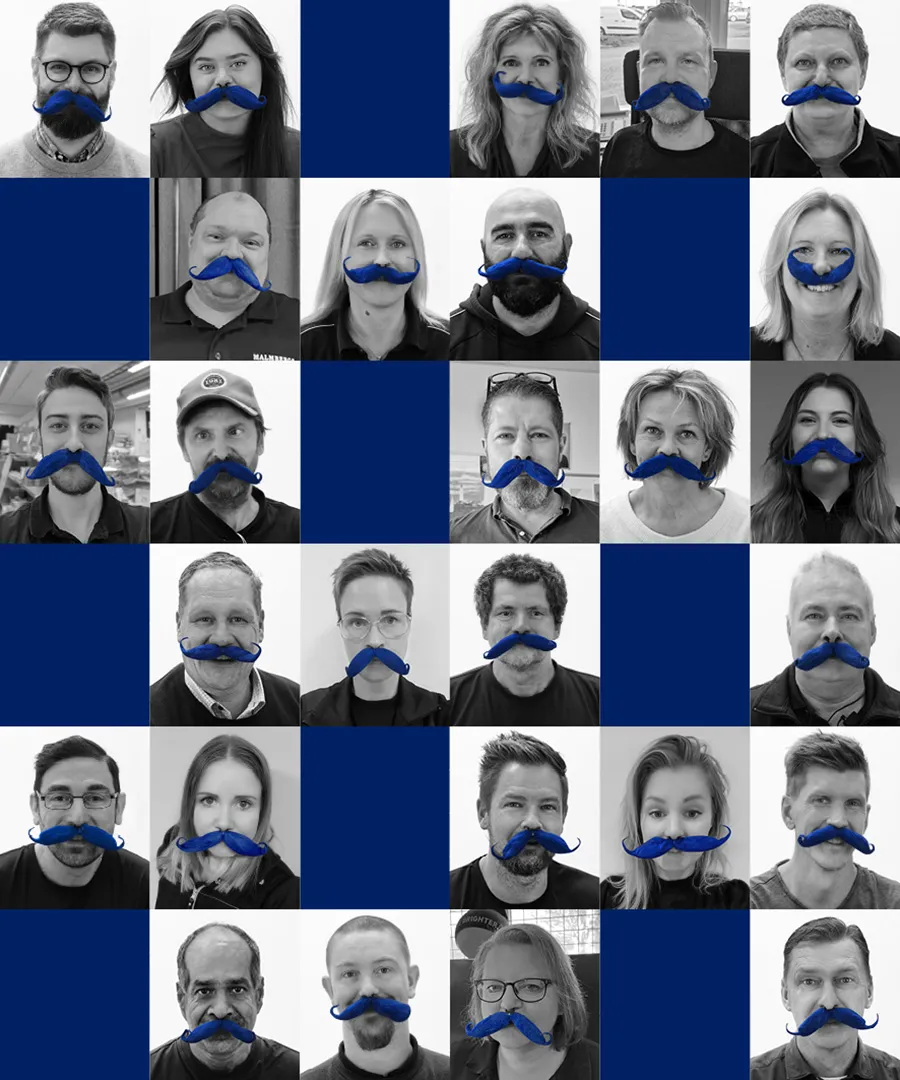 Små porträttbilder på män och kvinnor i blåa lösmustascher.