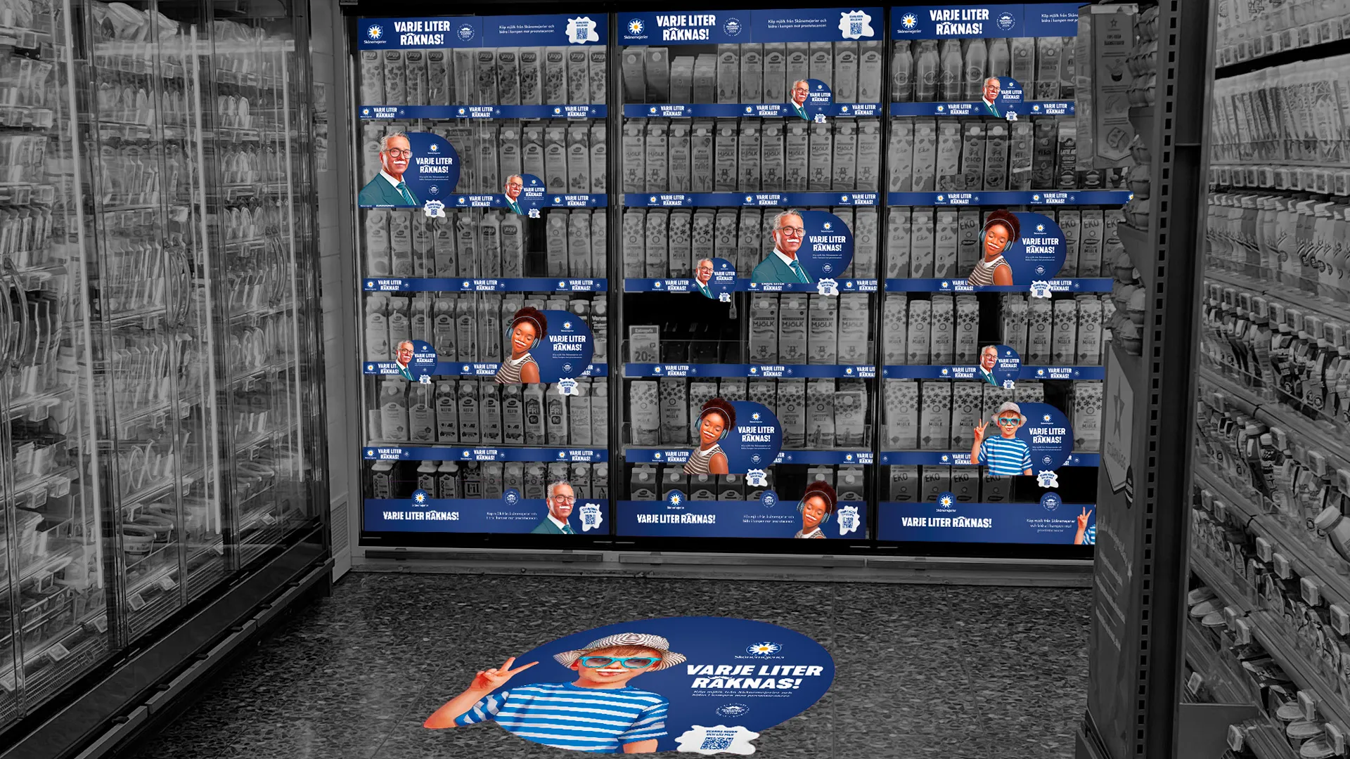 Mockup på butiksskyltning av Skånemejeriers kampanj för Mustaschkampen