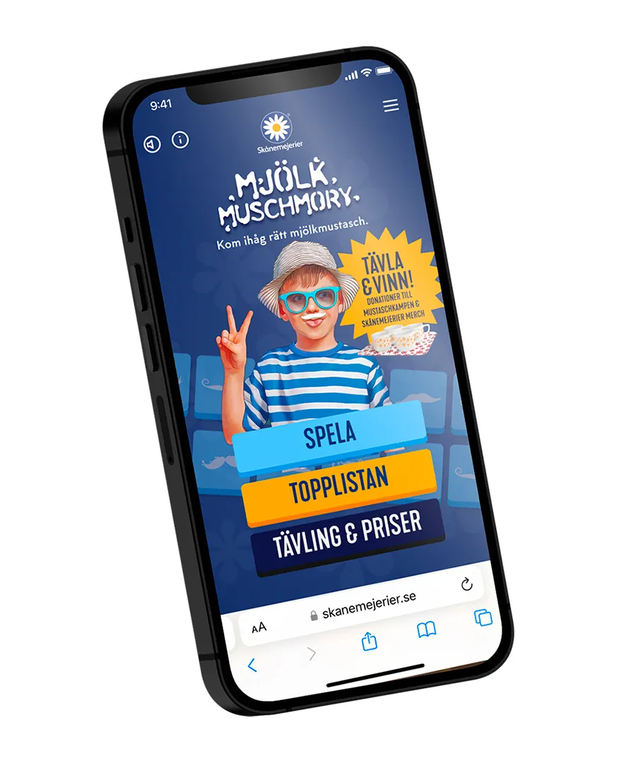 Smartphone med skärm som visar Skånemejeriers spel mjölkmuschmory