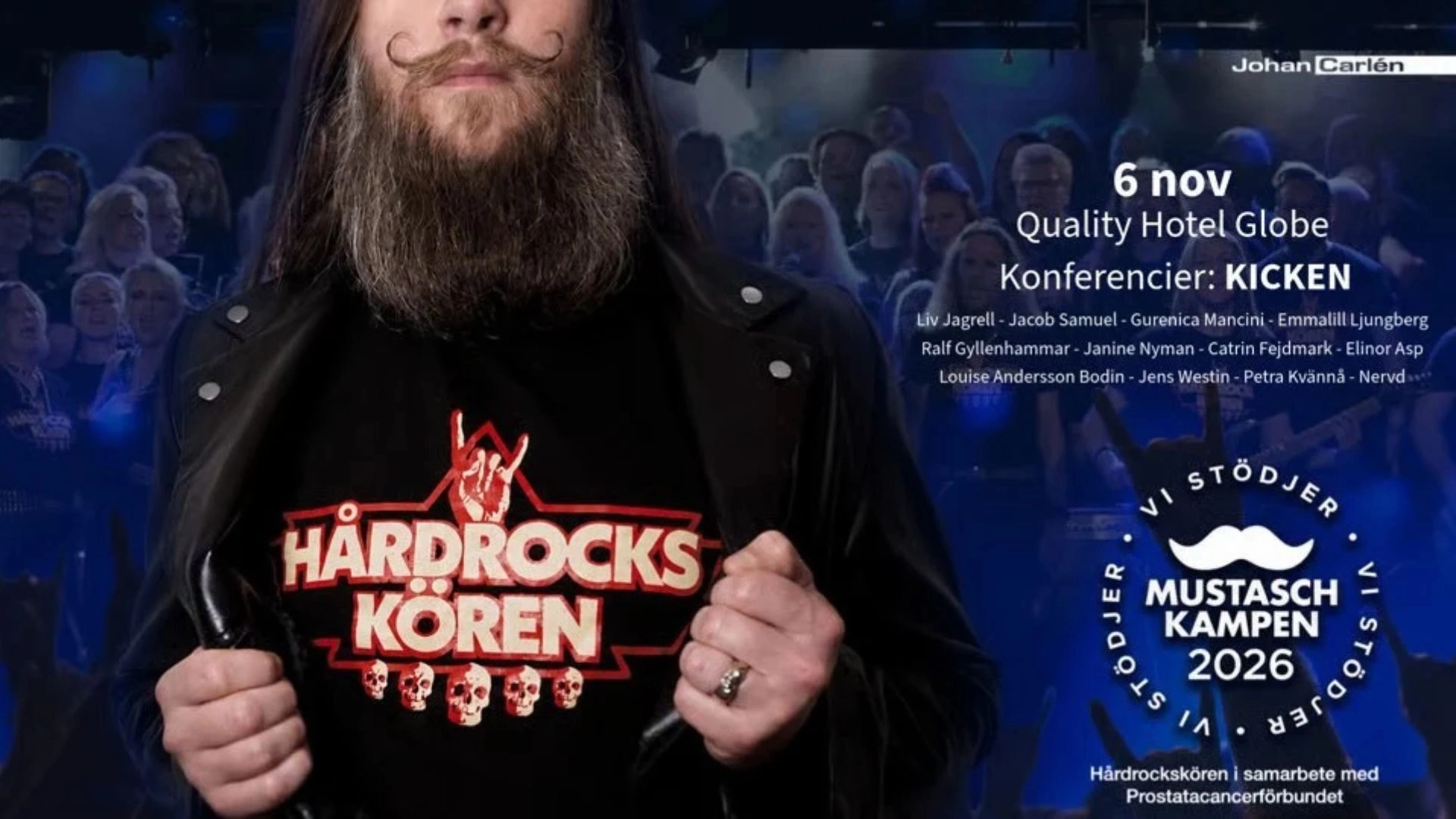 Man med tjusig mustasch och Hårdrockskören i bakgrunden