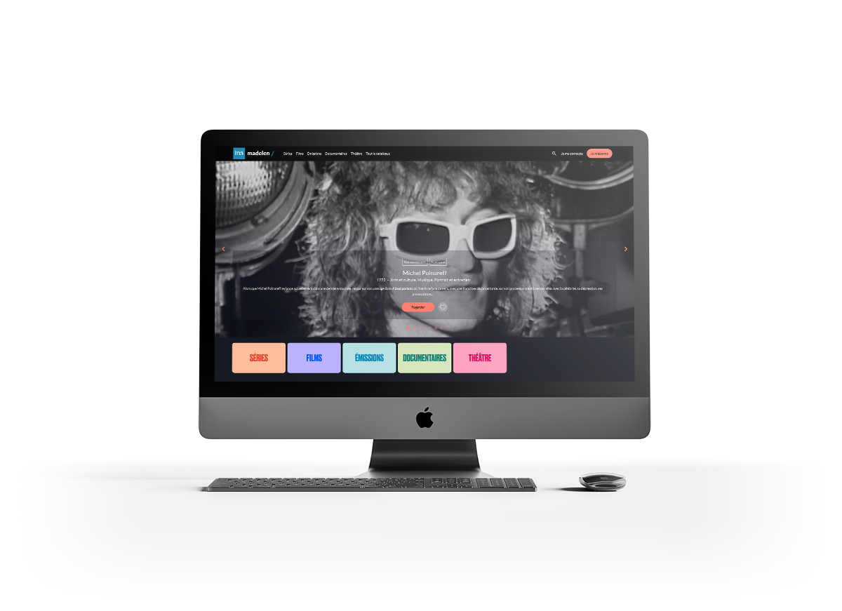 INA Platform madelen : desktop homepage, featuring the sections "Series," "Movies," "TV Shows," "Documentaries," and "Theater"