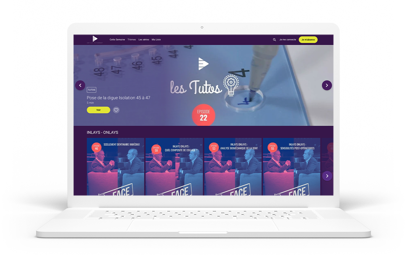 Esmile Academy Platform: Home page on a laptop, featuring “Tutorials” and the “Inlays and Onlays” section