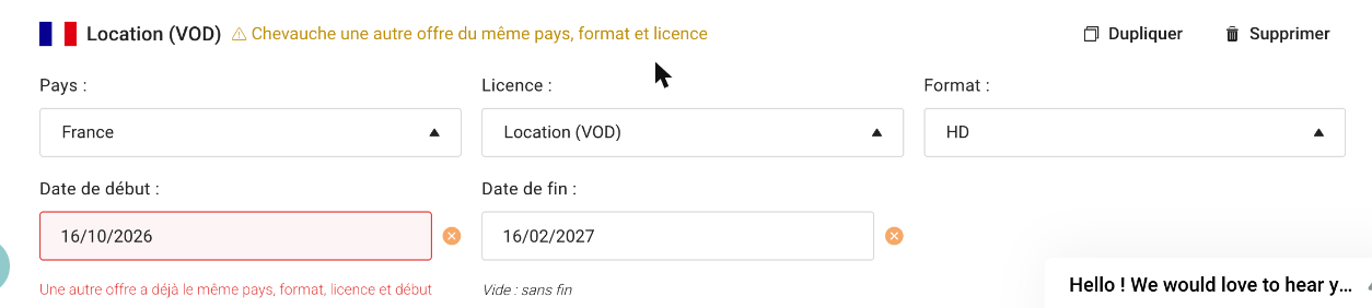 Console Otto : copie de l'offre avec l'avertissement de chevauchement et l'erreur rouge sous la date de début