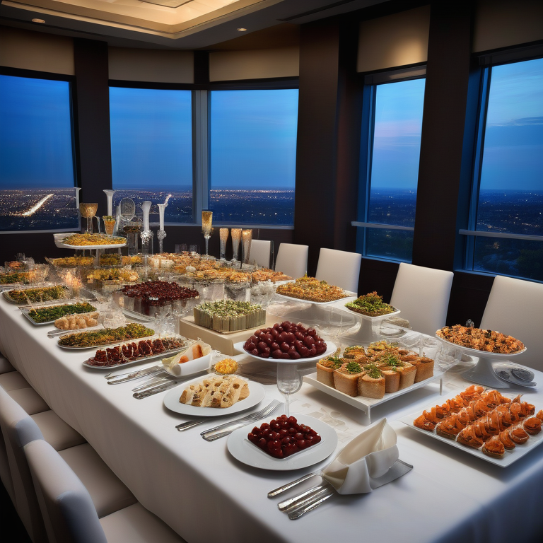 Elegant banquet table setup with gourmet appetizers, reflecting high-end corporate catering in an Oakville city backdrop.