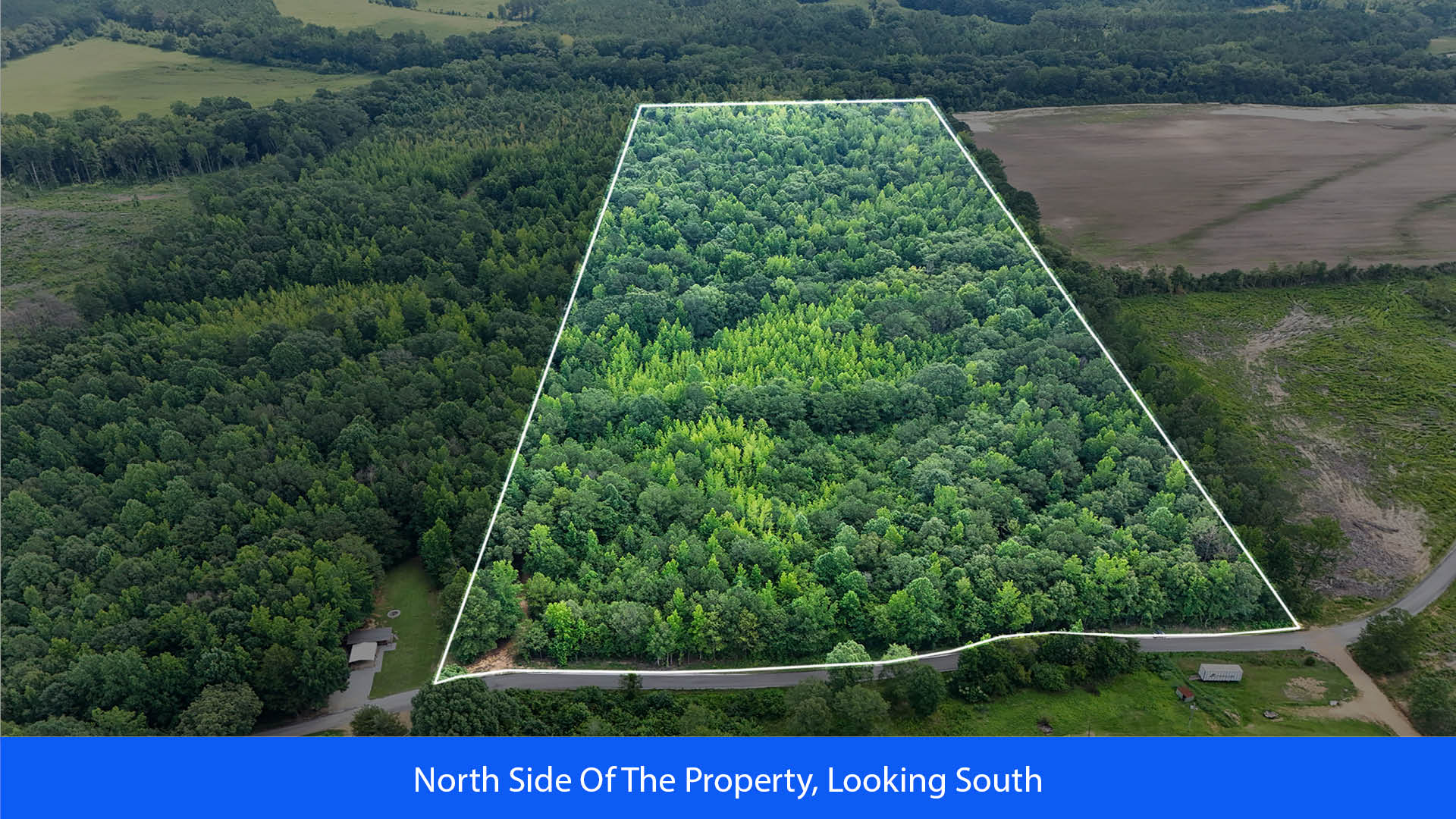 Aerial view of land for sale in Itawamba County, Mississippi with timberland acreage for sale featuring dense green forest, a central access trail, and a paved road border near residential homes—ideal for a private homesite or recreational development.