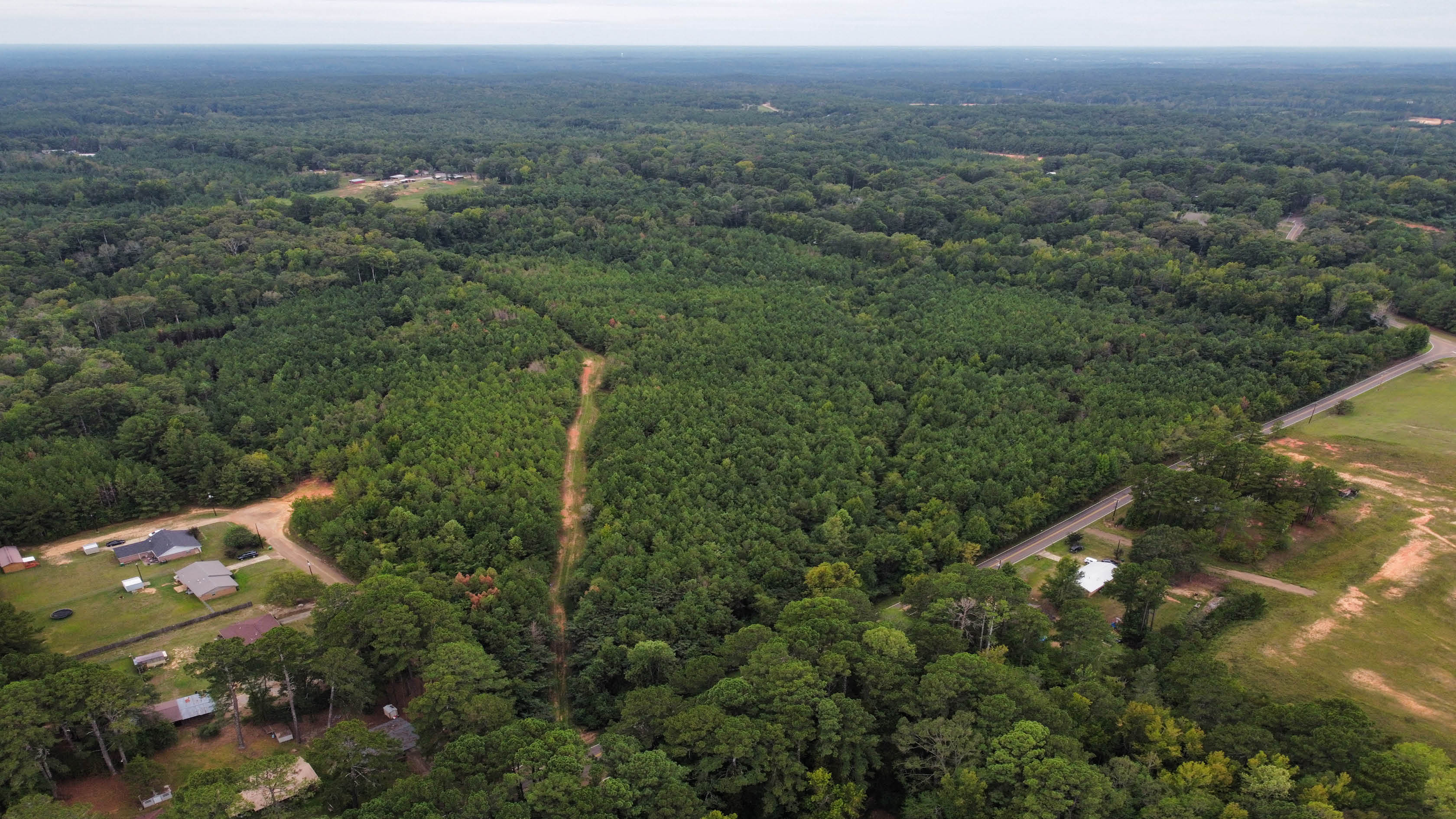 Aerial view of forested land for sale in Choctaw County, Mississippi, featuring a long road through green acreage starting at $15,400.