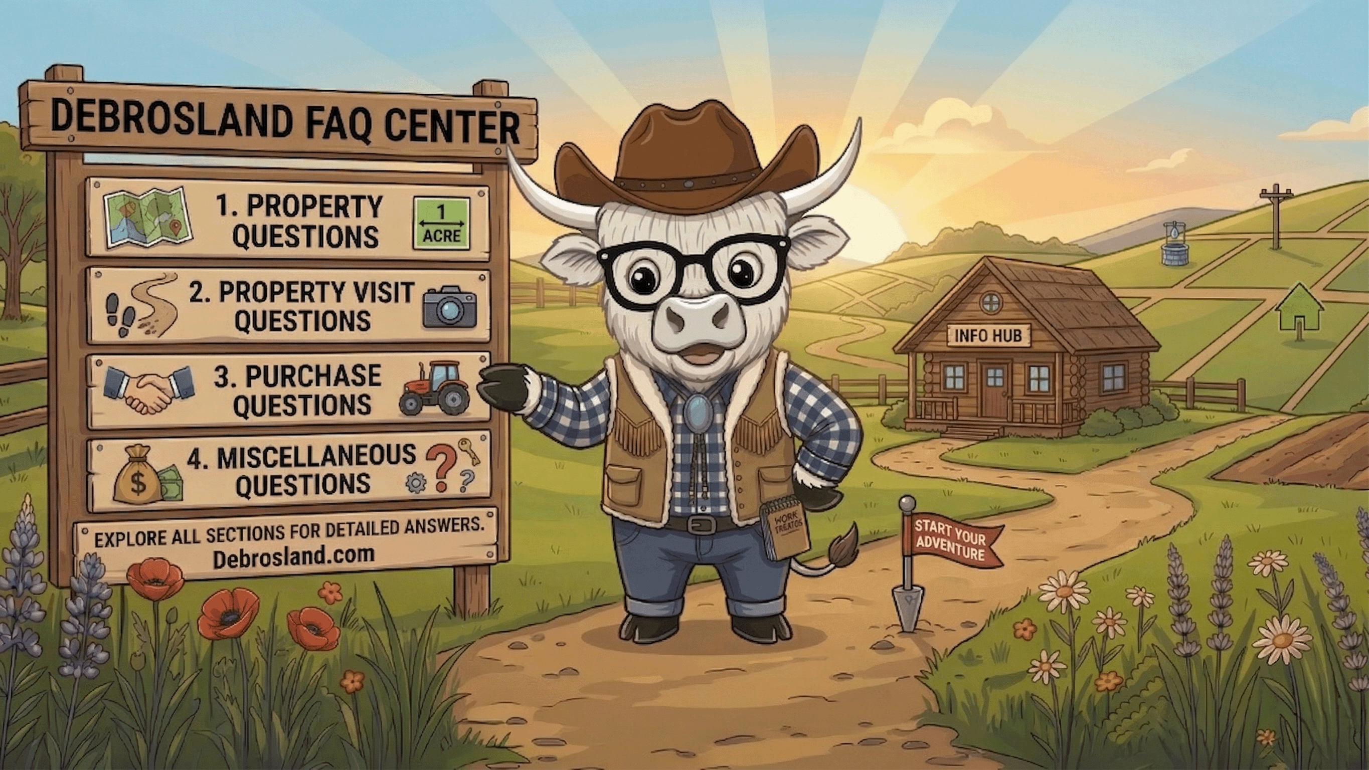 Benji the highland cow pointing at a sign that says Debrosland FAQ Center with various line items