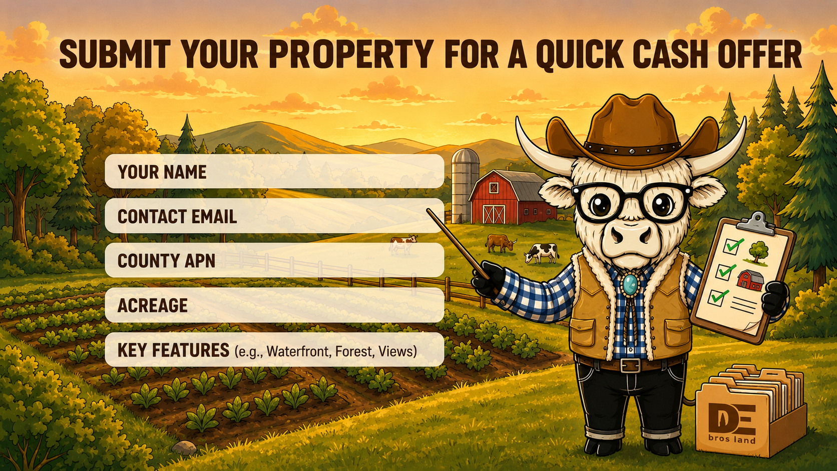 Benji the Highland Cow, Debrosland brand ambassador, helping Kansas land sellers understand their options