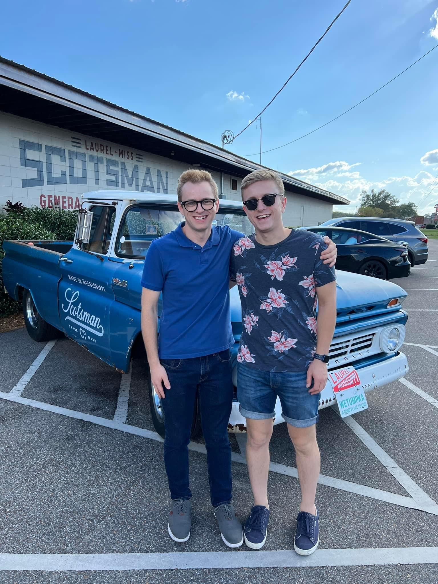 Seth and Bryce at the Scotsman General Store in Laurel, Mississippi, with the famous truck from HGTV's Hometown