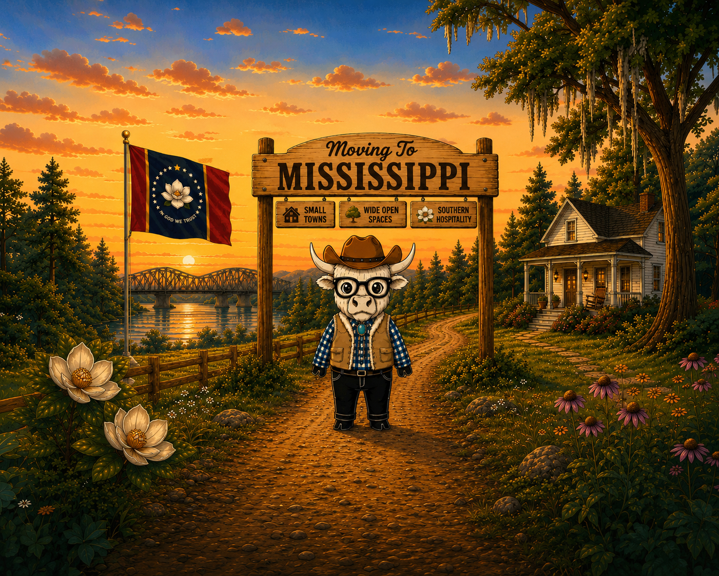 Benji the Highland Cow showing his Mississippi pride at the Welcome to Mississippi sign — moving truck, Magnolia flowers, Mississippi flag and red pickup in the background