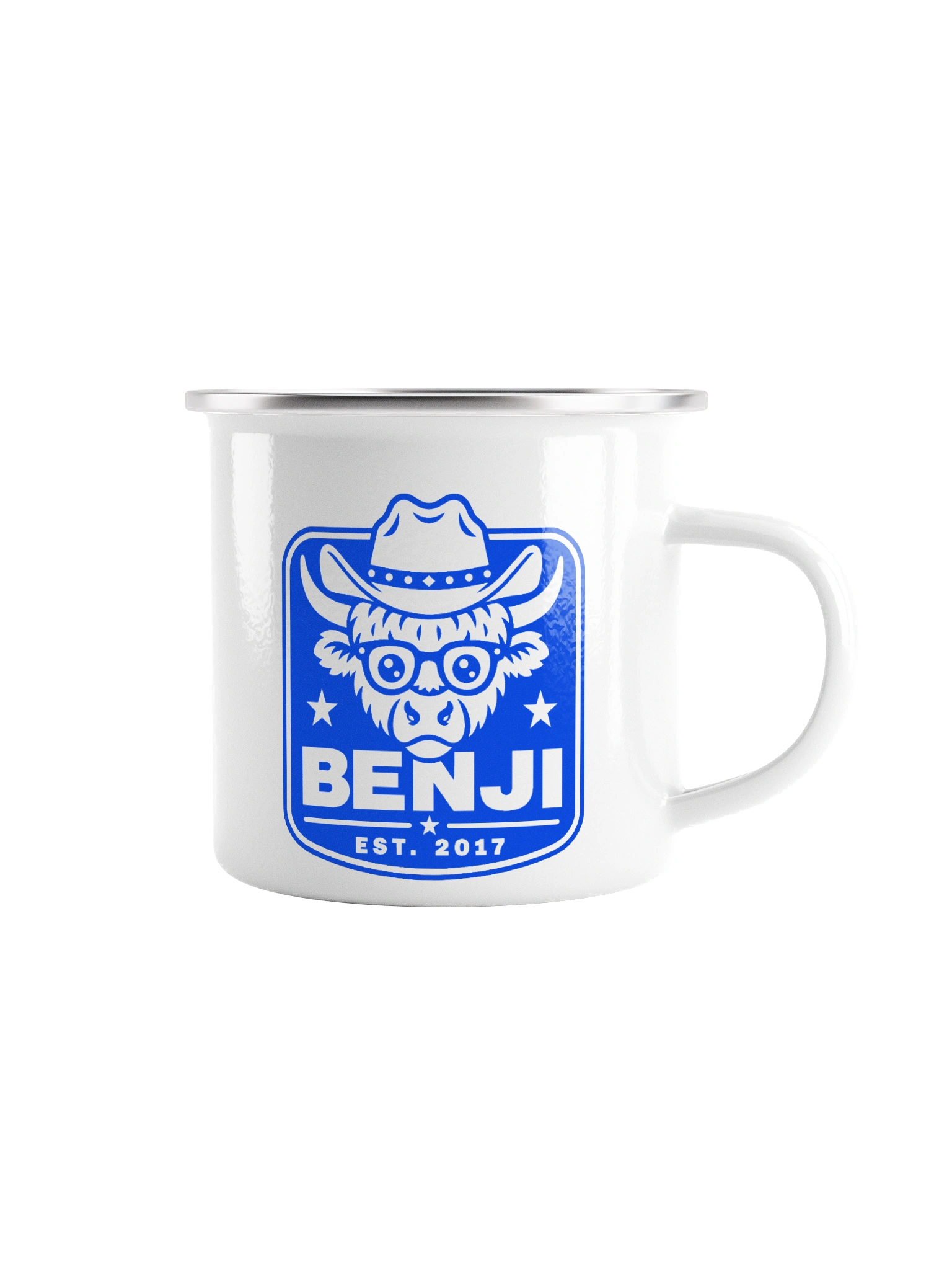 The Benji Camp Mug — white enamel mug with blue Benji EST. 2017 design