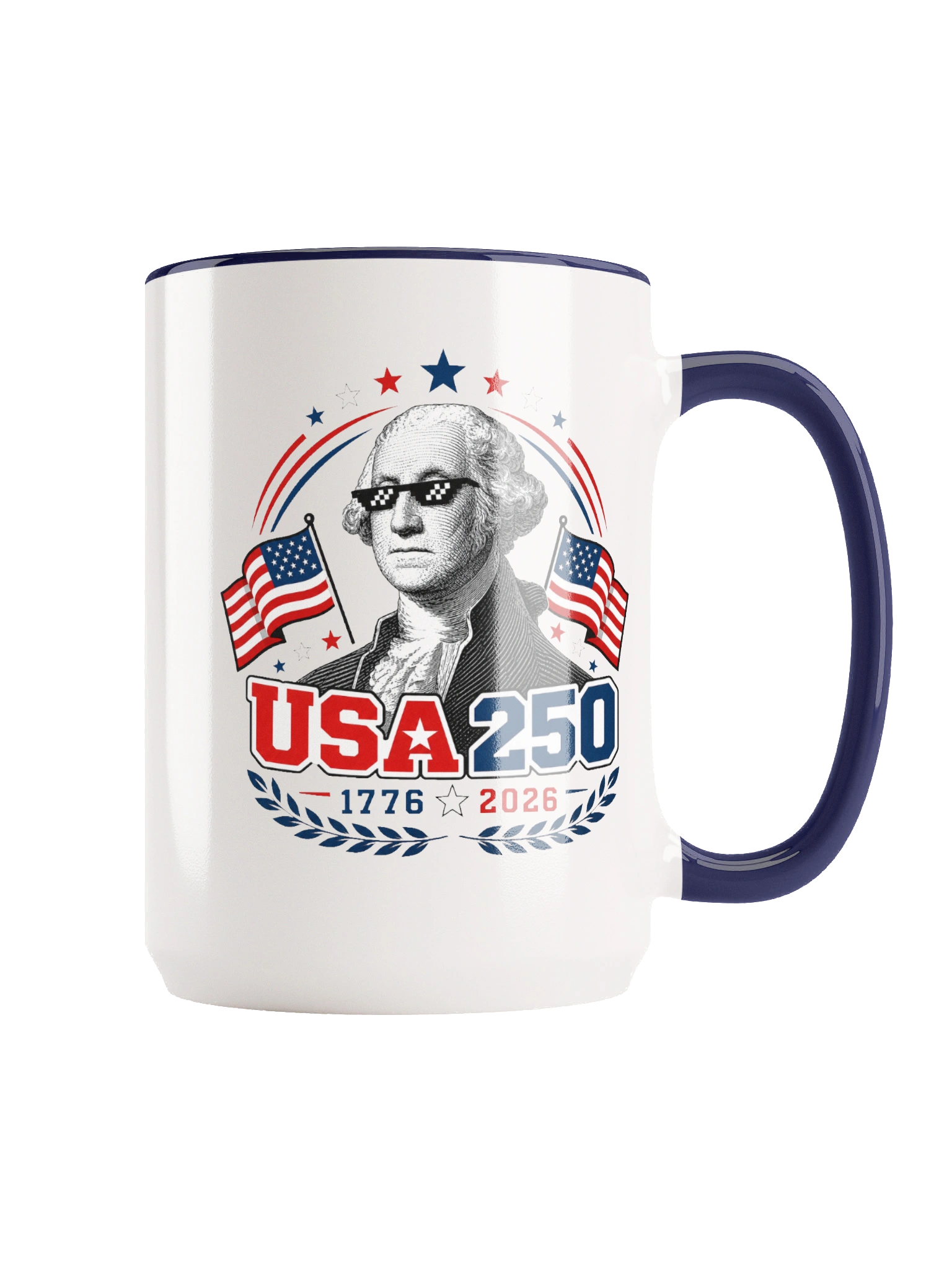 America's 250th Birthday Mug — white mug with Washington in sunglasses, USA 250 design