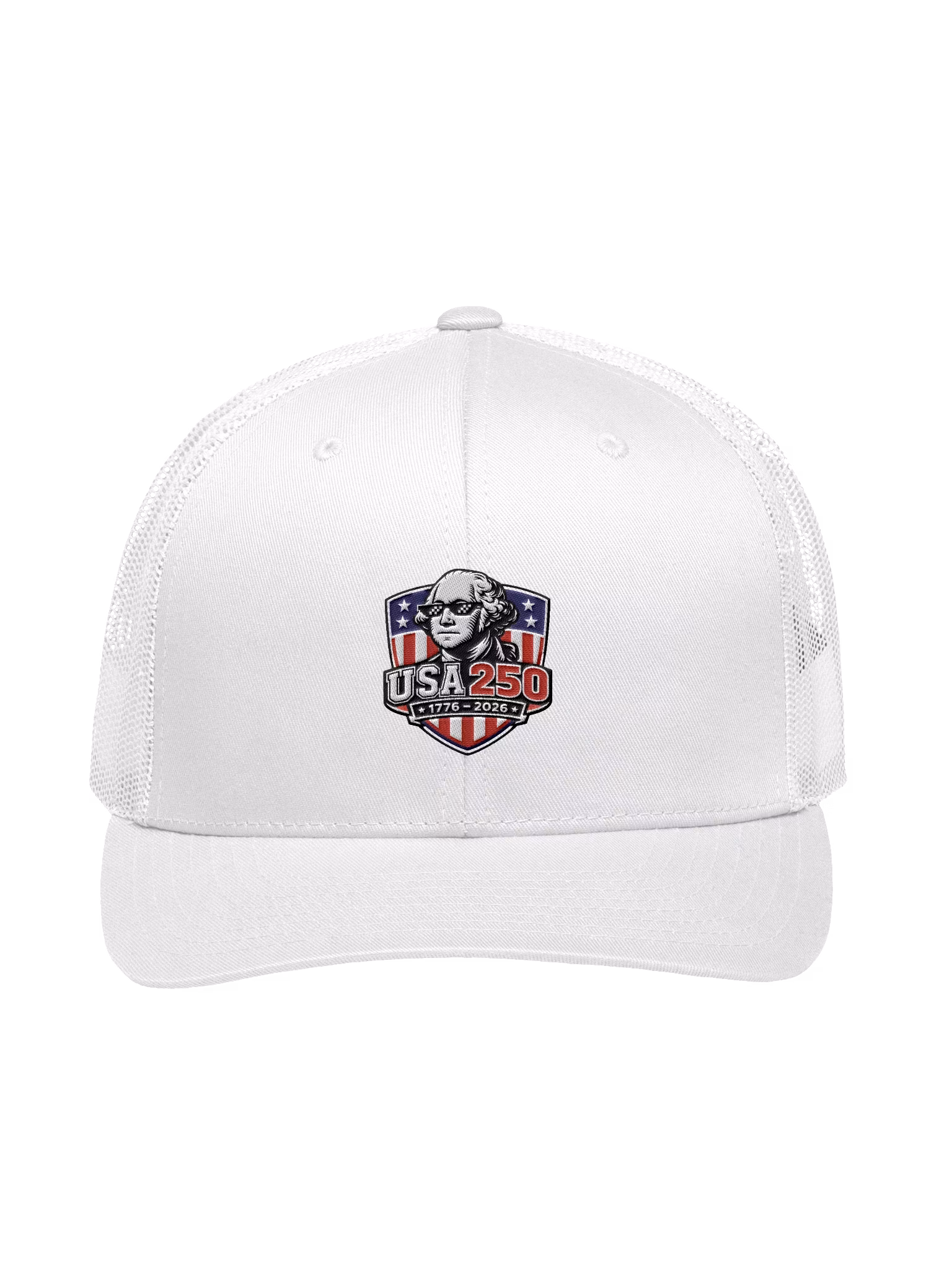 America's 250th Birthday Hat — white retro trucker cap with USA 250 Washington patch