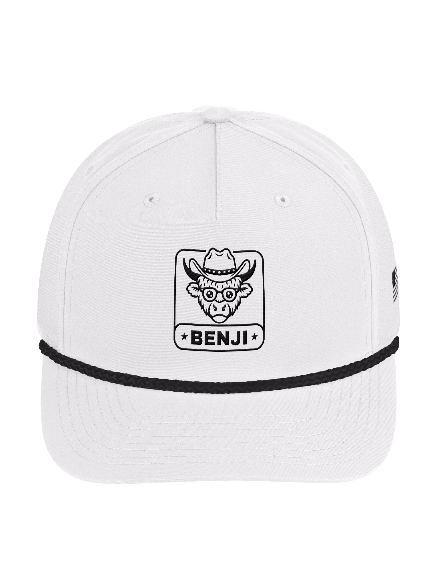 The Benji Rope Cap — white cap with Benji patch and black rope across the brim