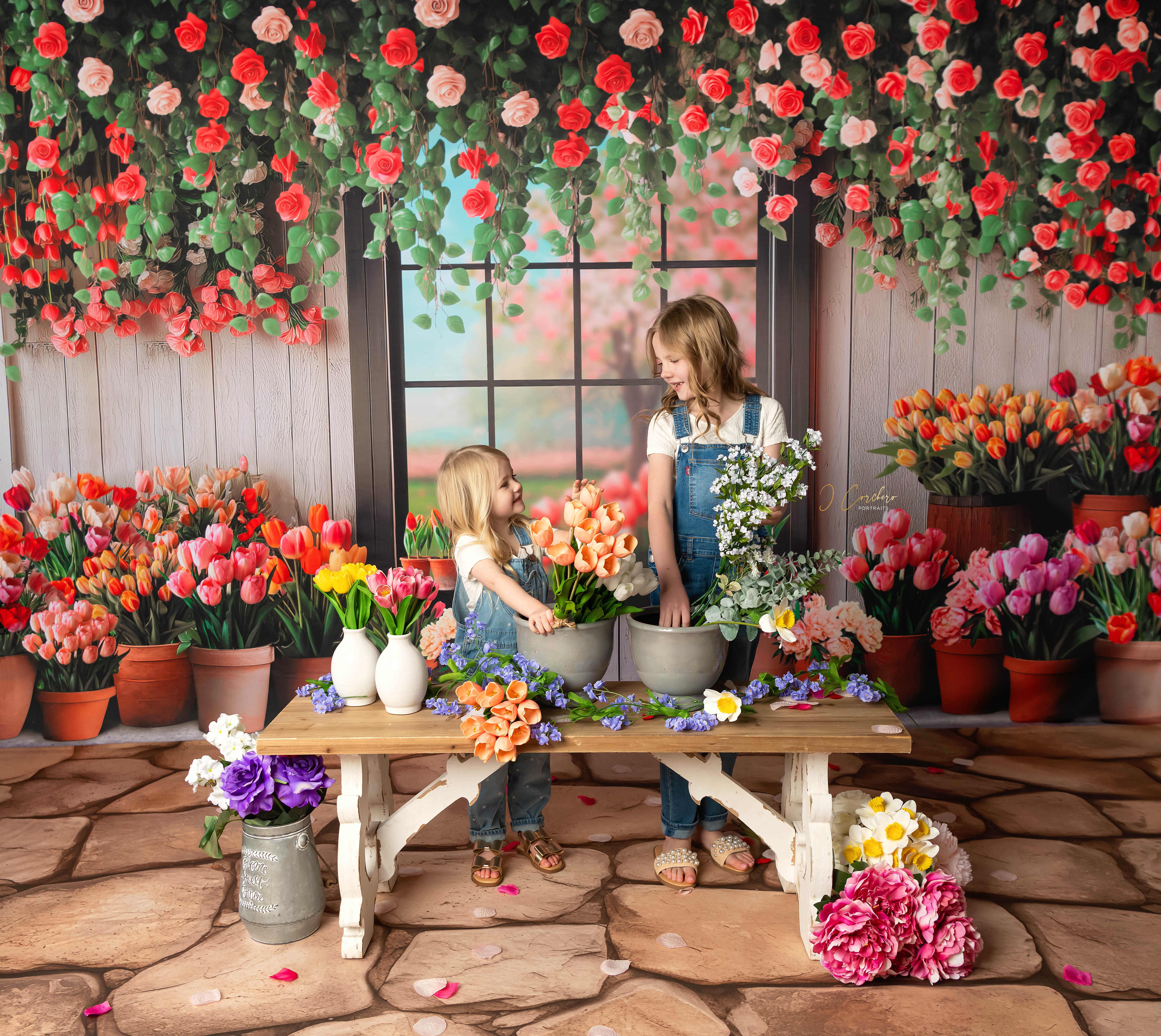 two girls spring photoshoot with flower background