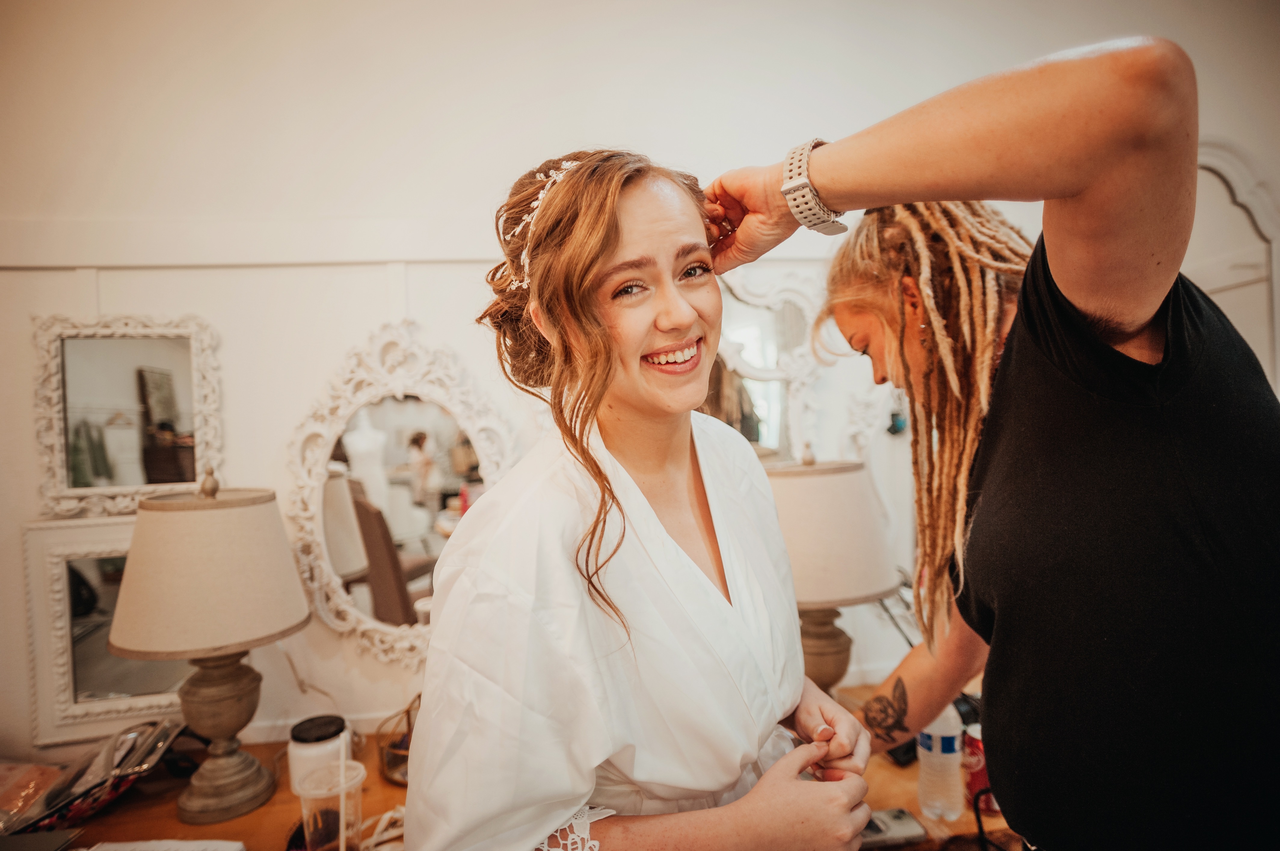 bride gets hair done