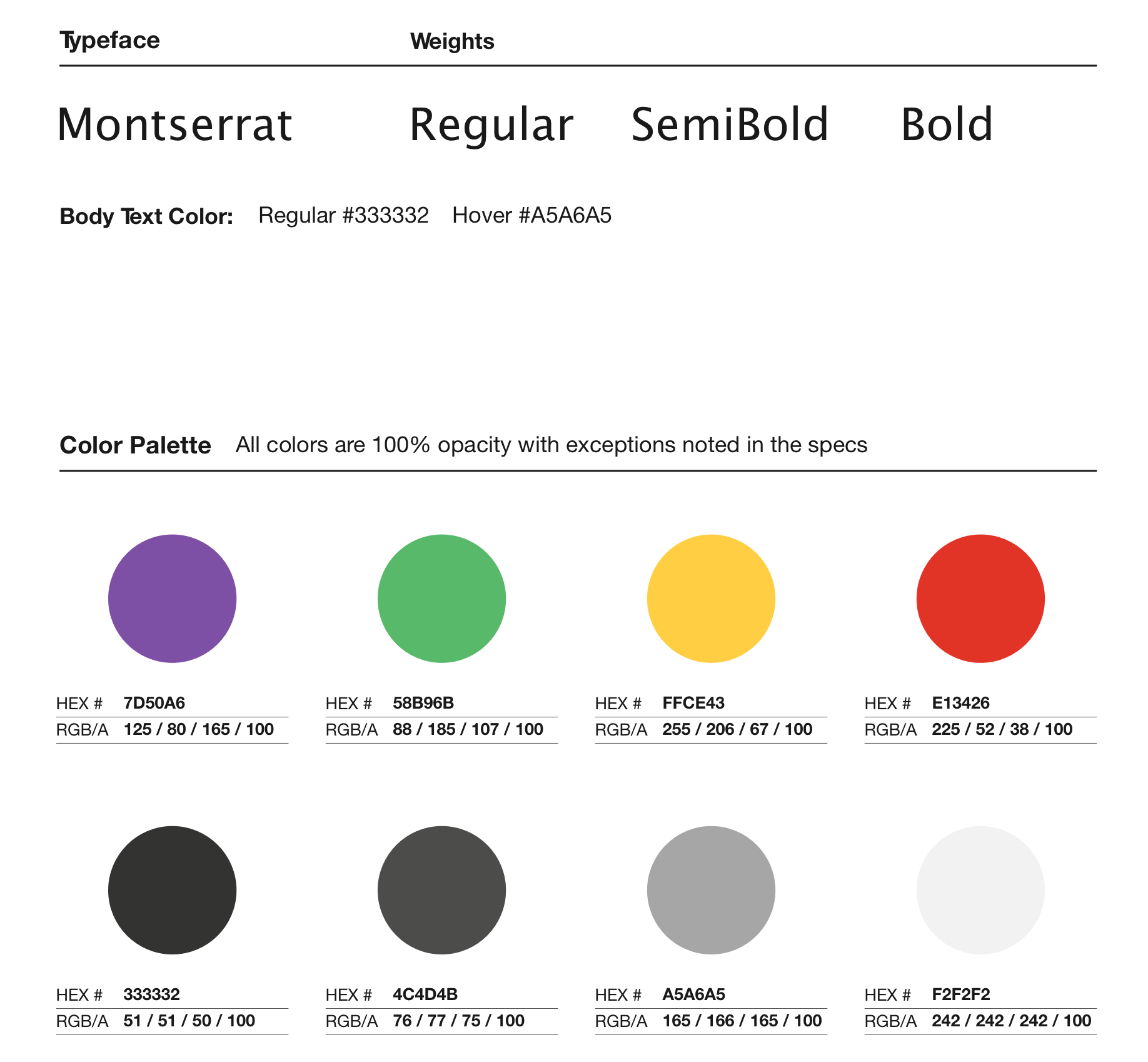 Style guide featuring Montserrat typeface. The colors used are a royal purple, green, yellow, red, black, and three shades of gray (dark, mid, and light).