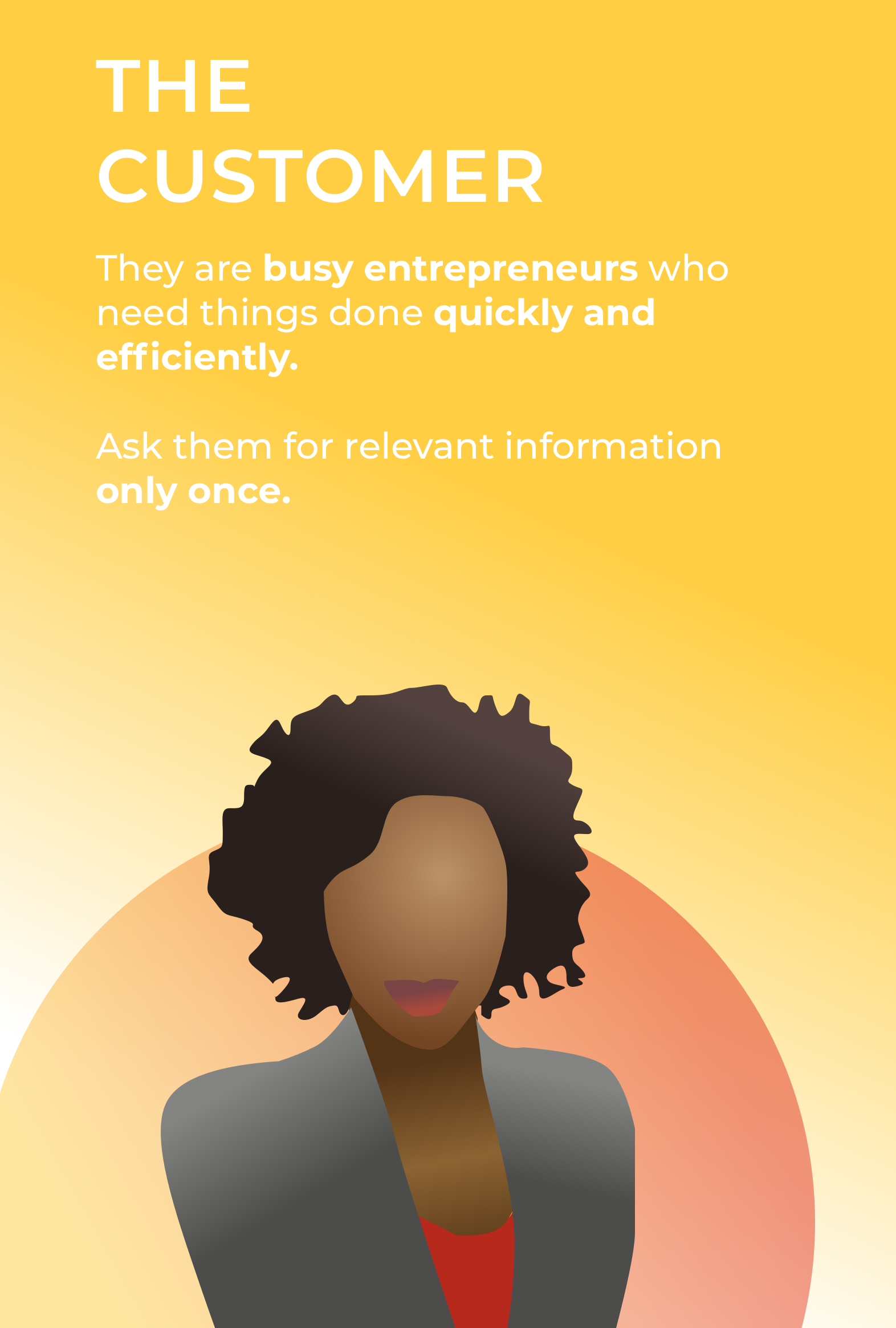 The customer: Busy entrepreneurs who need things done quickly and efficiently. Ask them for relevant information only once.
