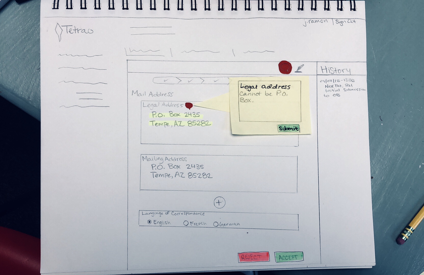A photo of a sketch depicting a screen where a user could enter a comment mode to make comments on a field in an application.