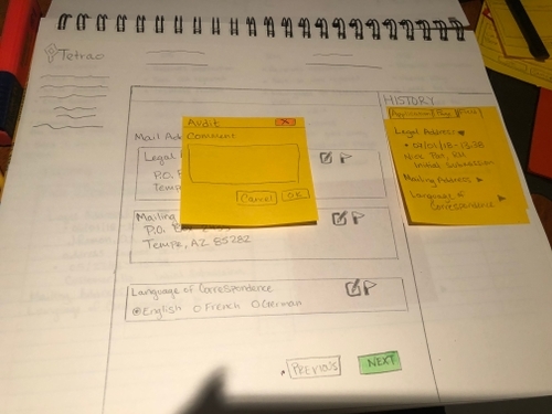 A photo of a sketch that depicts a pop-up when a user taps on a field to make a comment.