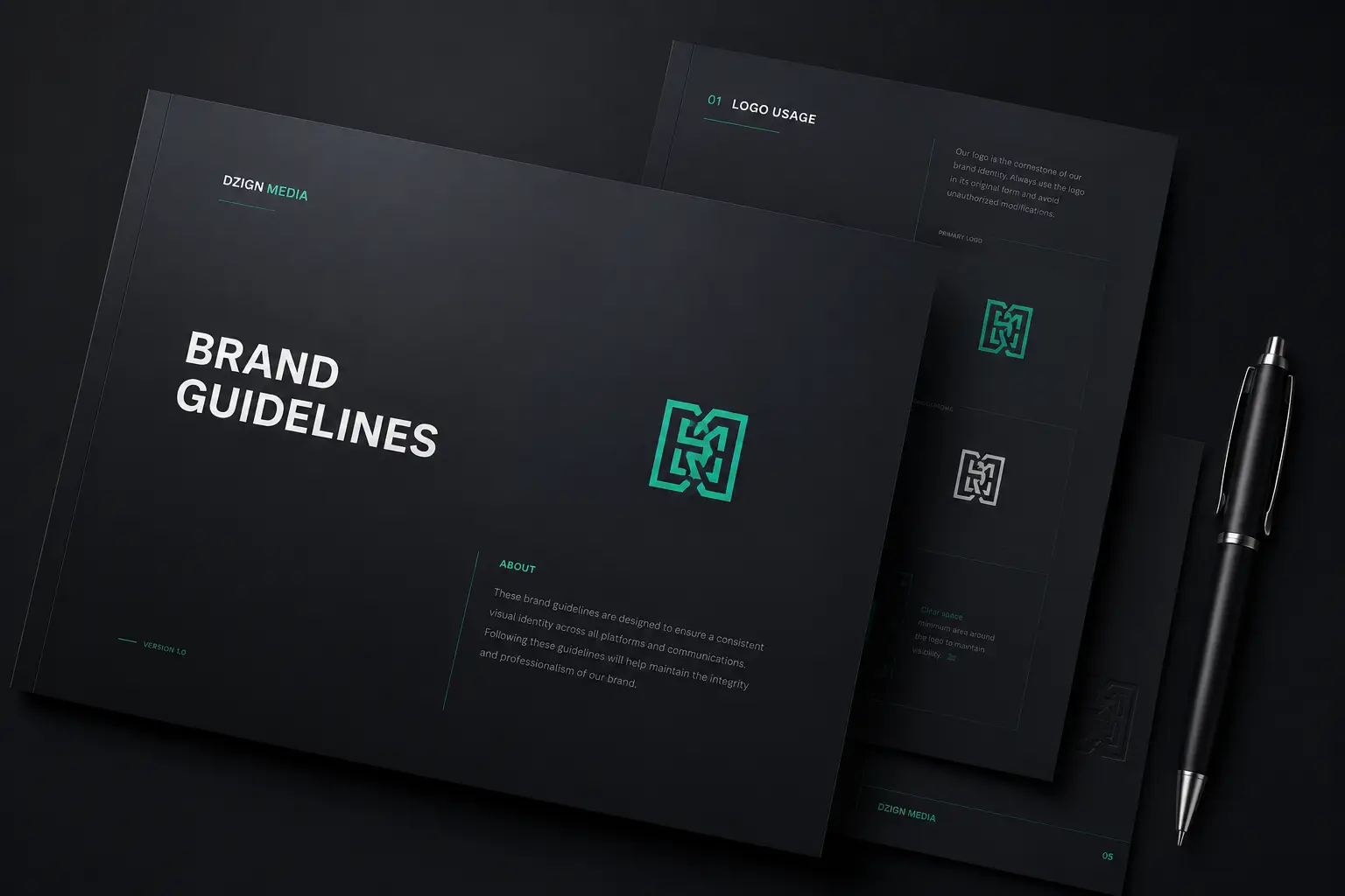 Brand guidelines document showcasing logo usage, visual identity standards and branding assets created by Dzign Media.